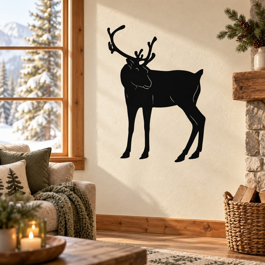 Black reindeer turning-head wall decal with antlers and curved legs