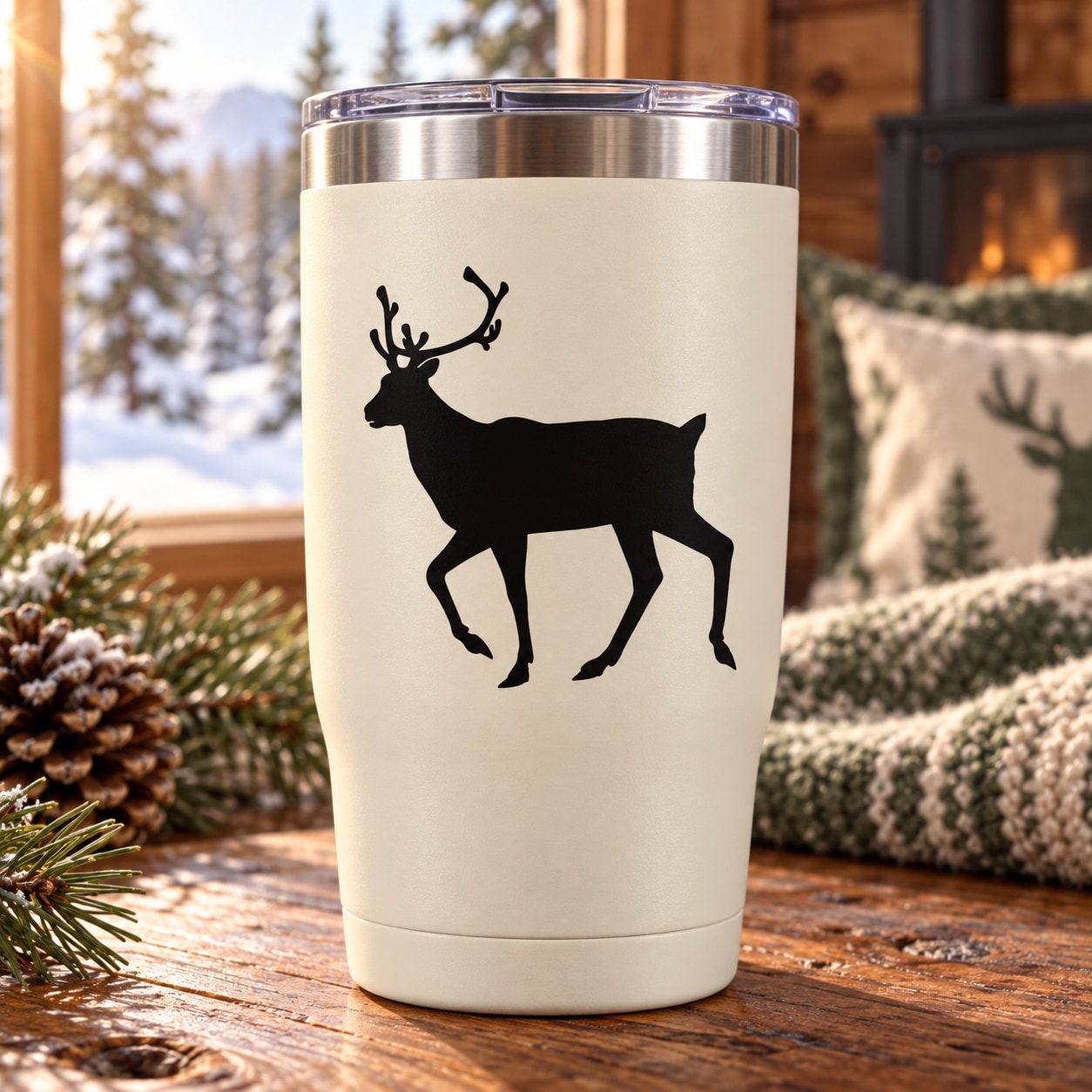 Reindeer decal on white tumbler, black antlered deer silhouette