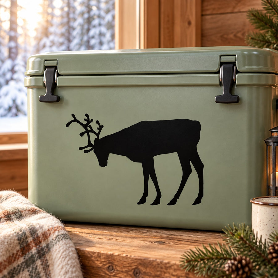 Black reindeer silhouette decal on pale green cooler