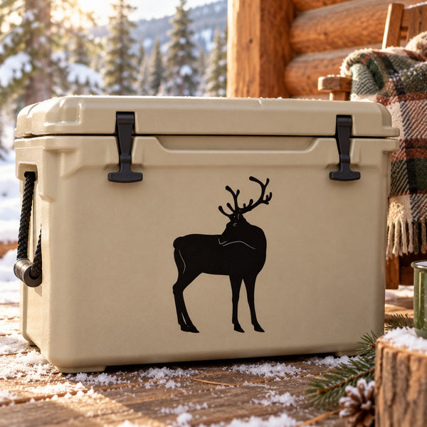 Black reindeer antler decal showing a turning deer silhouette on a light cooler