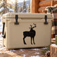 Black reindeer antler decal showing a turning deer silhouette on a light cooler