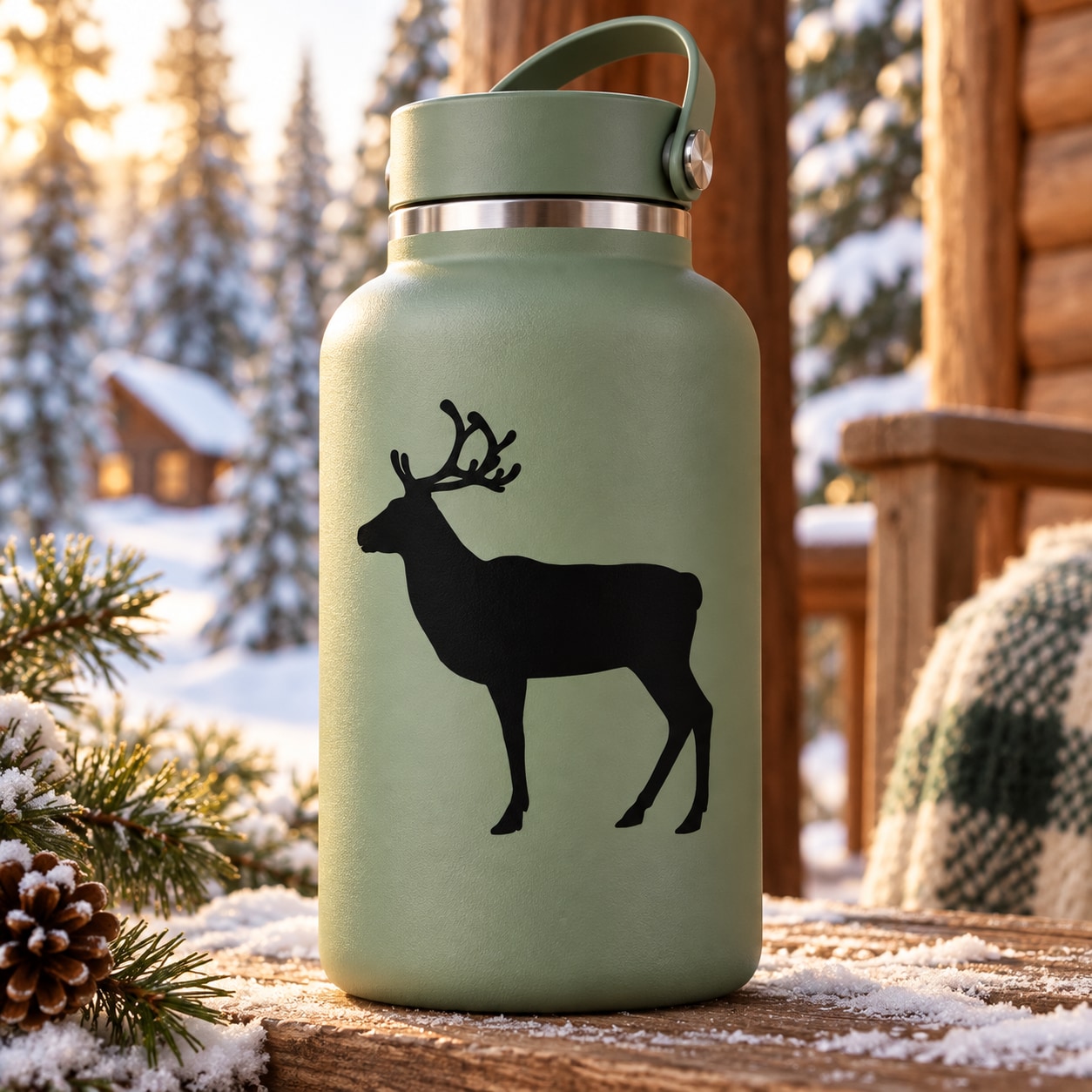 Green metal bottle with black standing reindeer silhouette decal