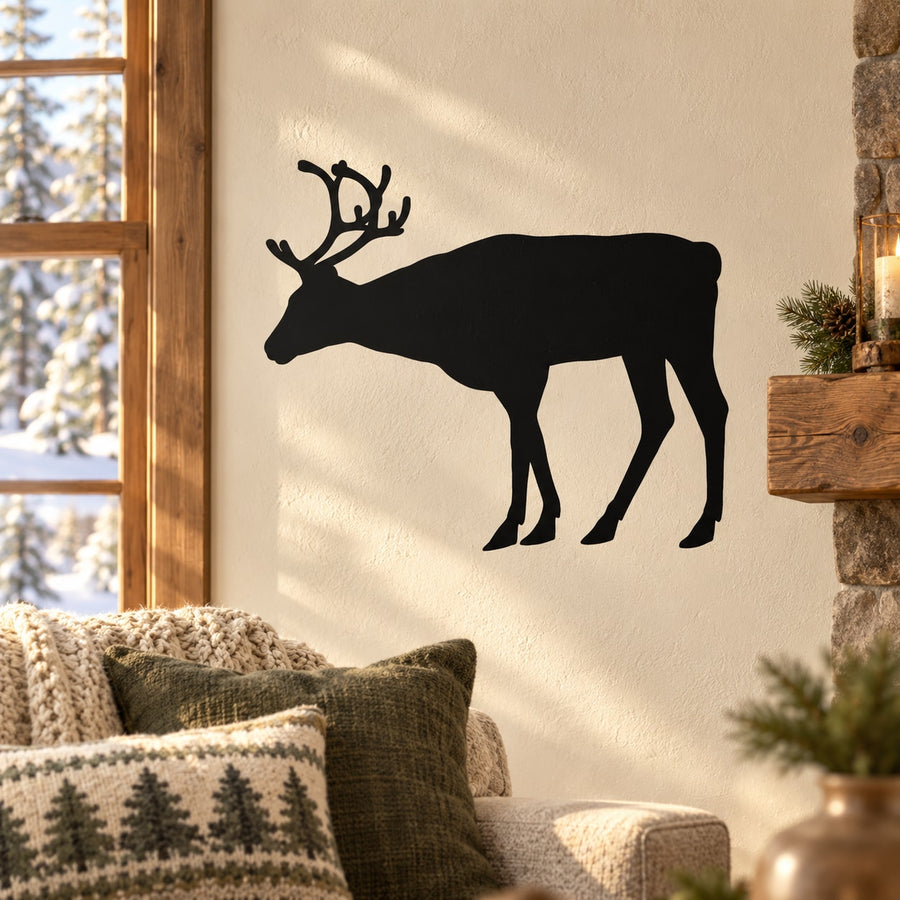Black reindeer silhouette watching decal with antlers and raised head