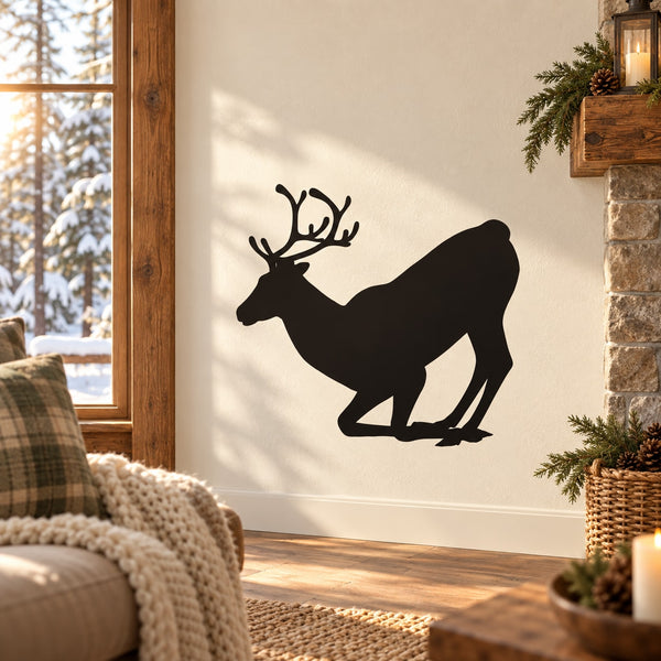 Kneeling reindeer wall decal, black silhouette