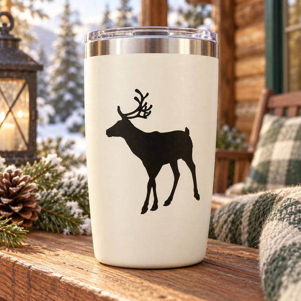 Black reindeer silhouette decal on white insulated tumbler