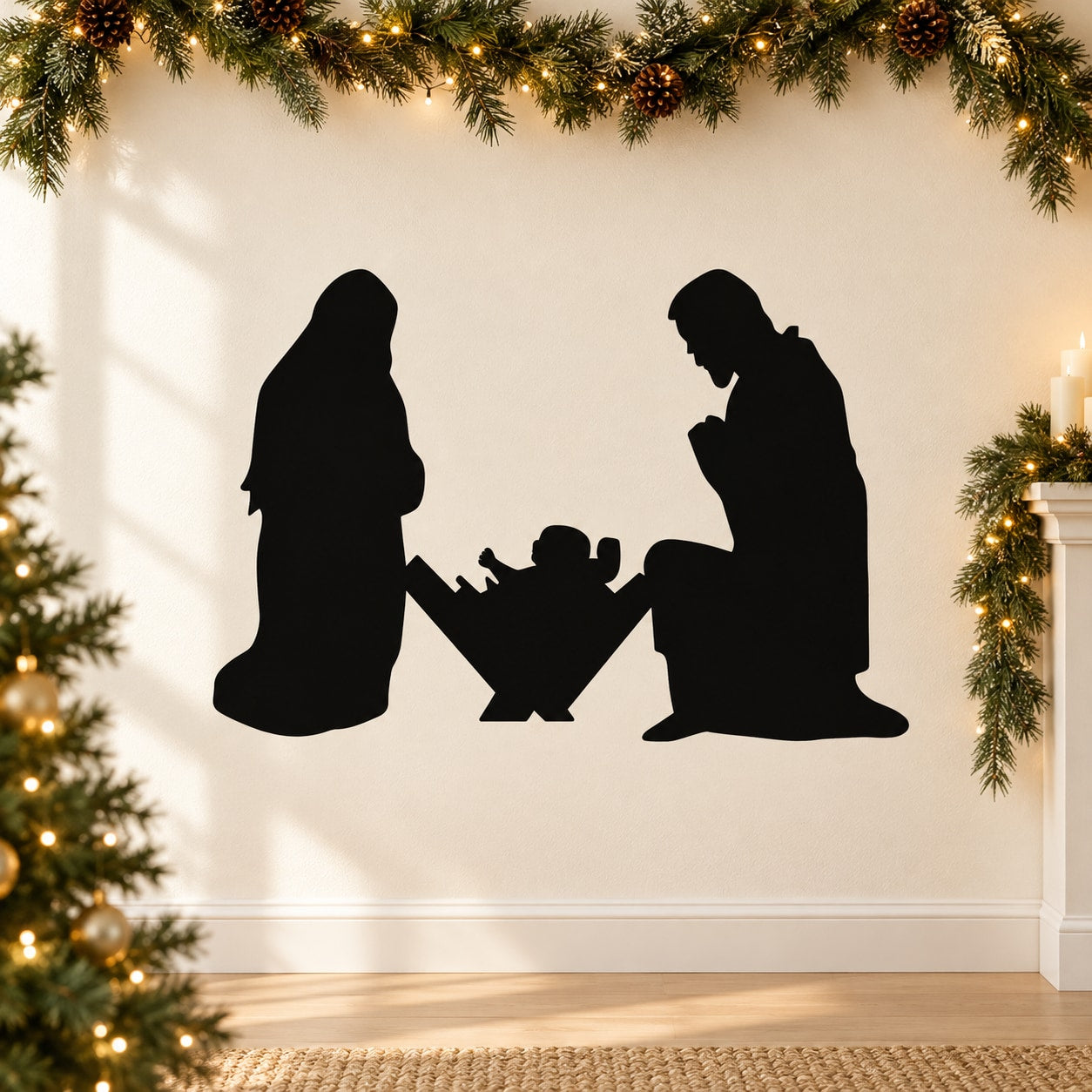 Nativity decal with black silhouettes of Mary, Joseph, and the baby Jesus in a manger
