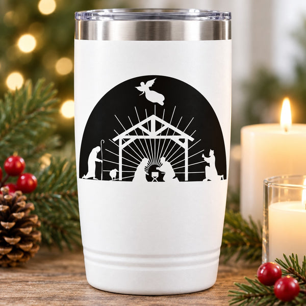 White insulated tumbler with black Bethlehem nativity scene decal and silhouettes