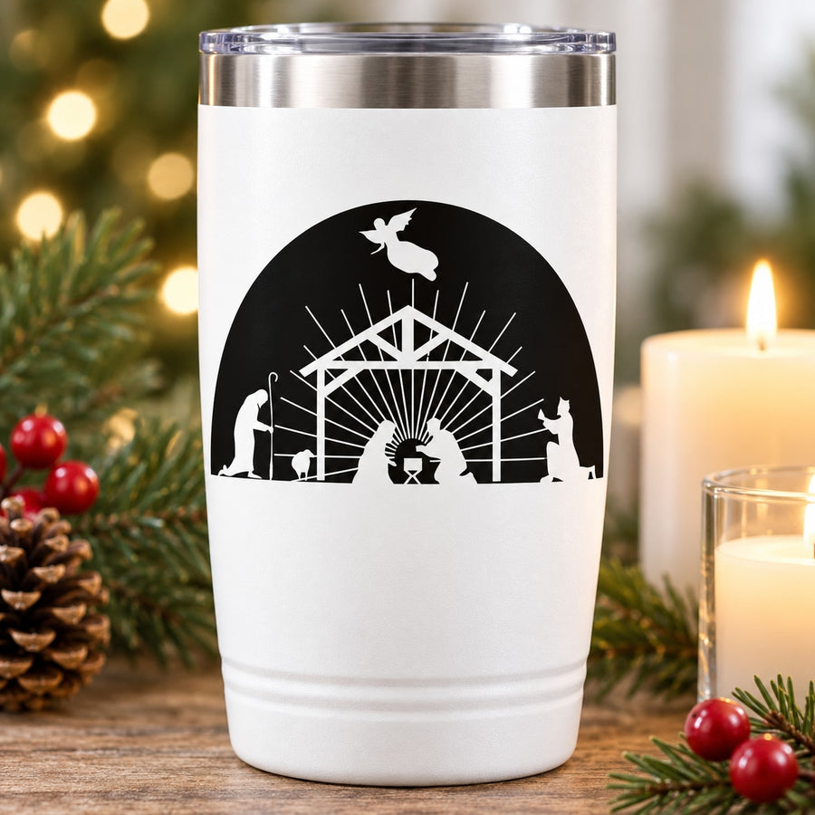 White insulated tumbler with black Bethlehem nativity scene decal and silhouettes