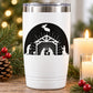 White insulated tumbler with black Bethlehem nativity scene decal and silhouettes