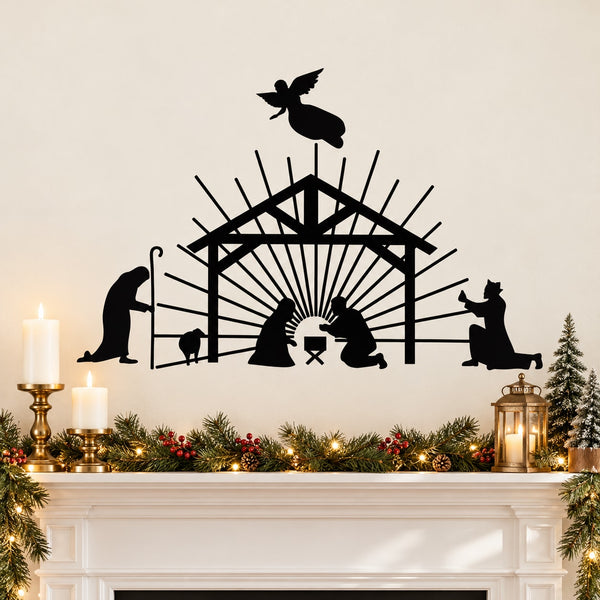 Black nativity scene angel decal: stable with starburst rays and three silhouette figures
