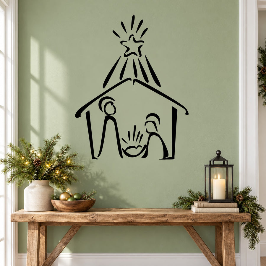 Nativity scene star wall decal, black outline of manger and figures