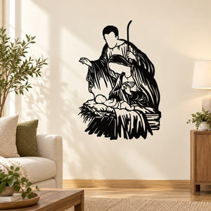 Nativity manger wall decal with Mary, Joseph, and baby Jesus illustration
