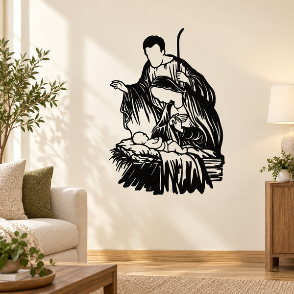 Nativity manger wall decal with Mary, Joseph, and baby Jesus illustration