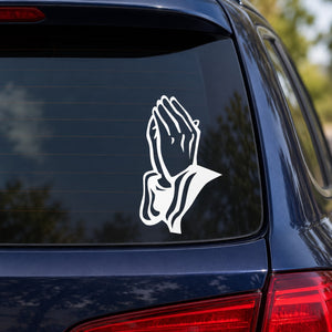 Catholic praying hands decal with white hands on car rear window