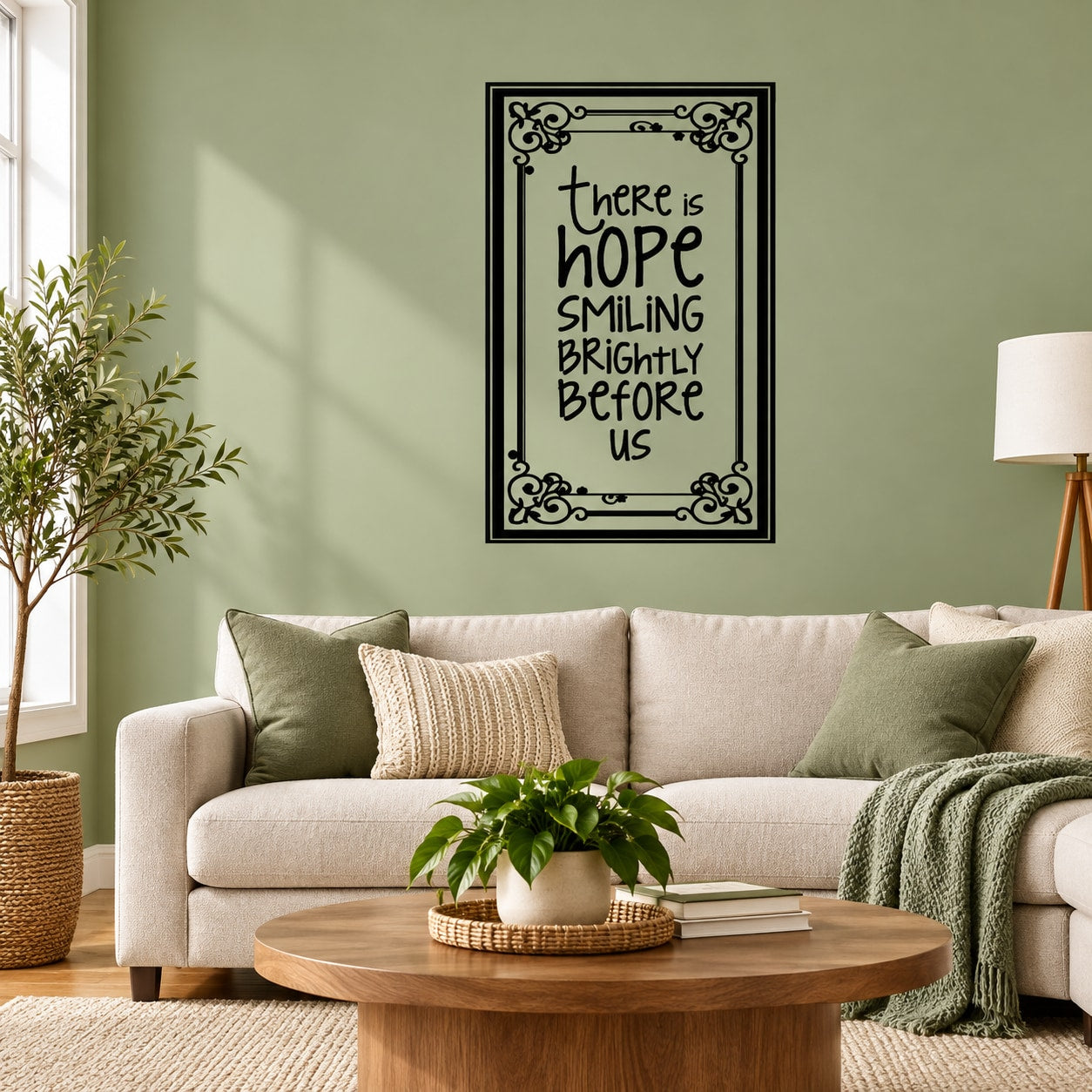 Hope wall decal with black ornate border and hand-lettered quote, framed style