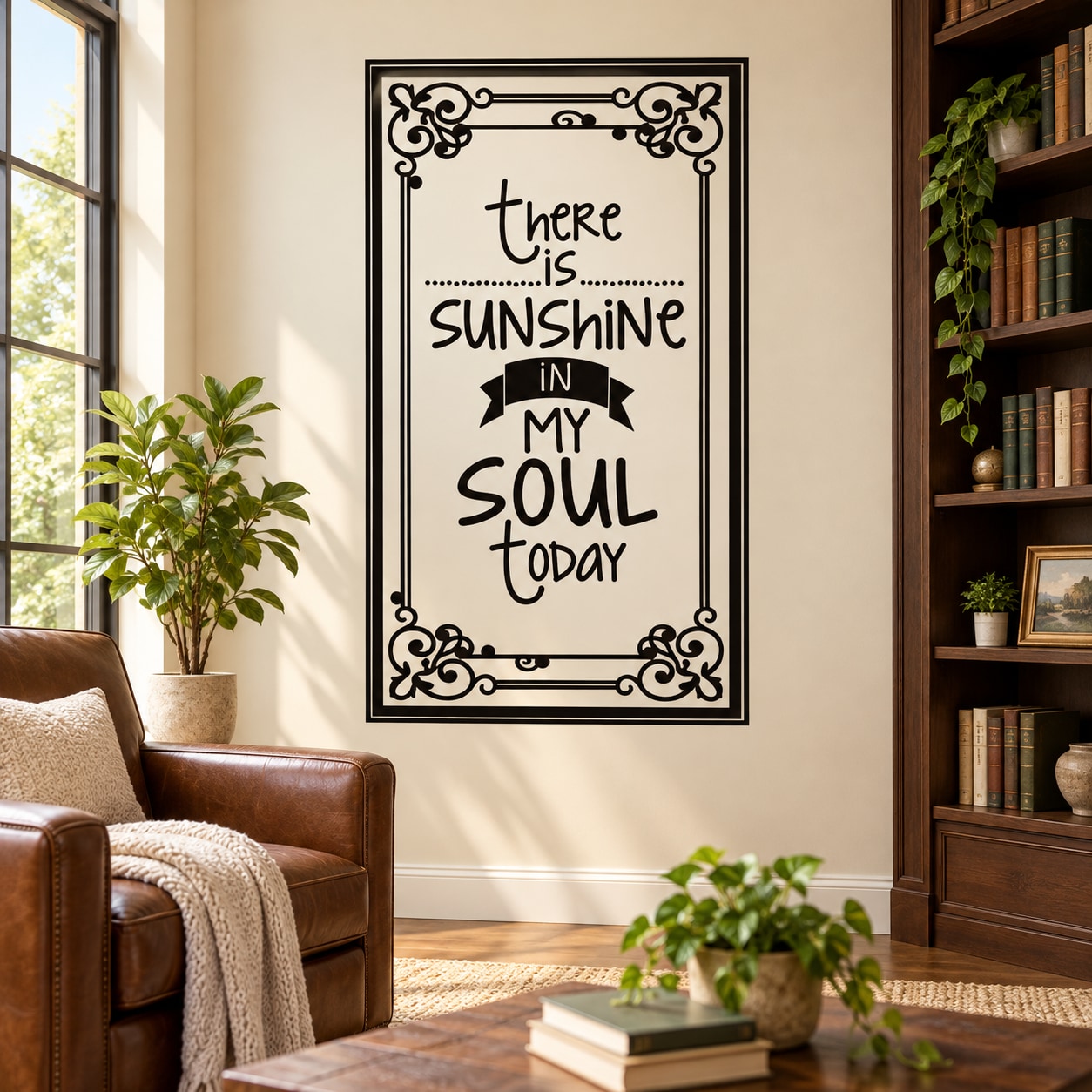 Inspirational wall decal with quote “There is Sunshine in my Soul today” and ornate scroll border