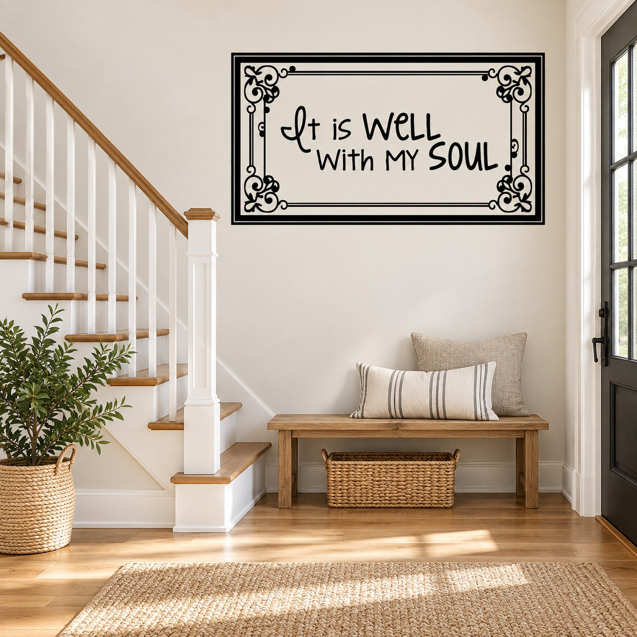 Rectangle wall decal with ornate black border and script text “It is Well with My Soul”
