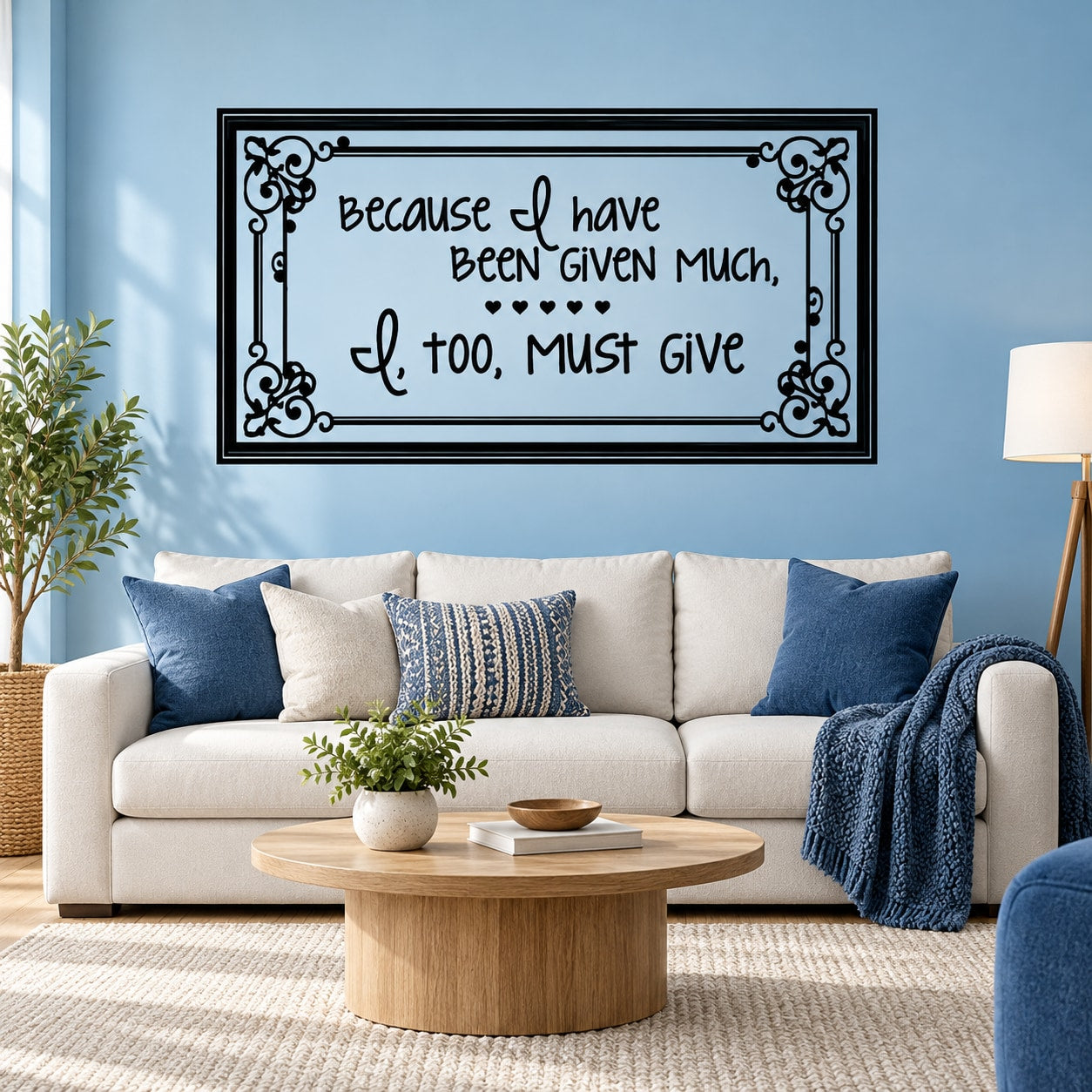 Framed wall quote decal with decorative scroll border and handwritten-style text