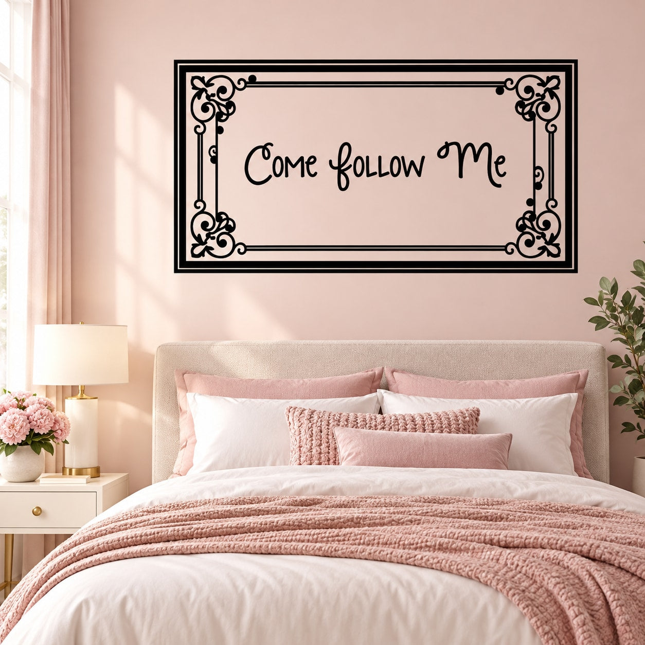 Wall decal: 'Come follow Me' script inside ornate black frame