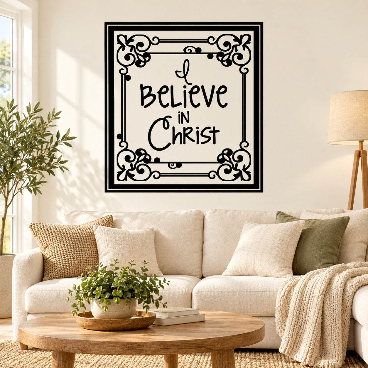 Square wall decal with black border and 'I believe in Christ' lettering, floral corner accents.