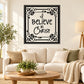 Square wall decal with black border and 'I believe in Christ' lettering, floral corner accents.