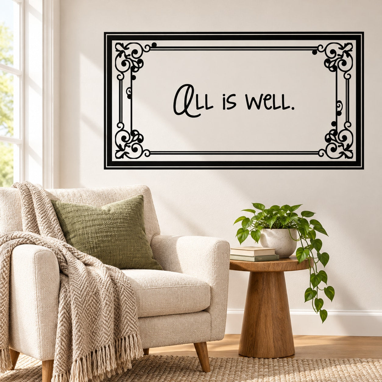 Rectangular wall decal with ornate black frame and script "All is Well."