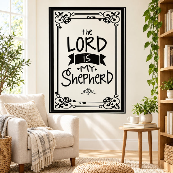 Square wall decal with ornate black border and scripture text design