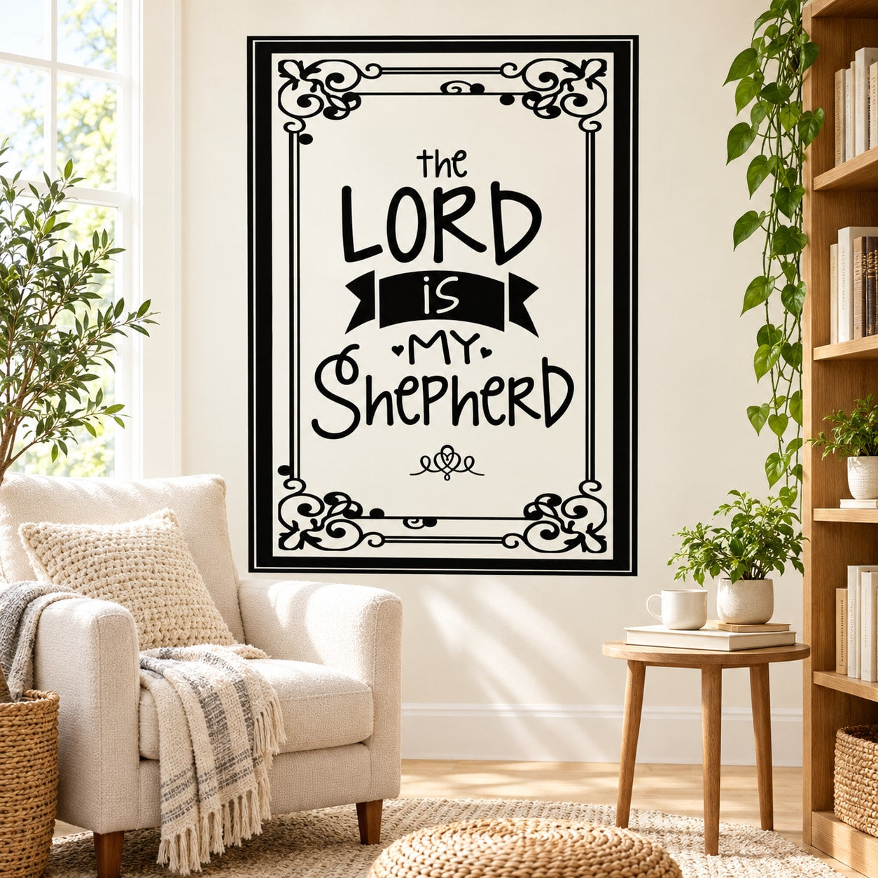 Square wall decal with ornate black border and scripture text design