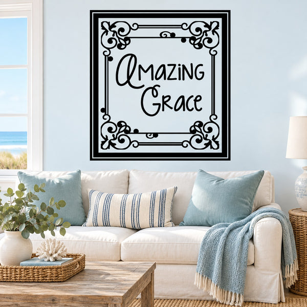 Amazing Grace wall decal with black ornate frame and script lettering
