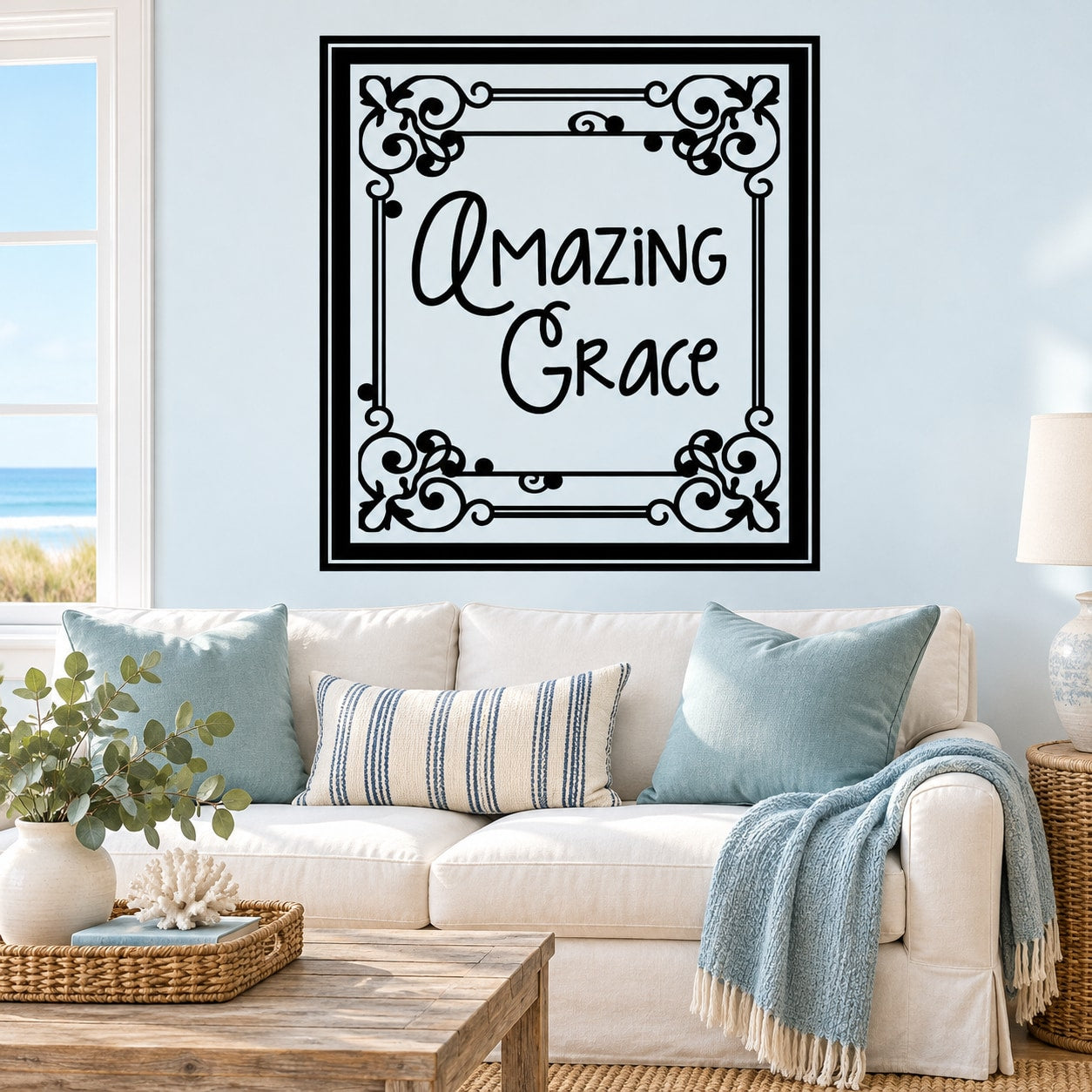 Amazing Grace wall decal with black ornate frame and script lettering