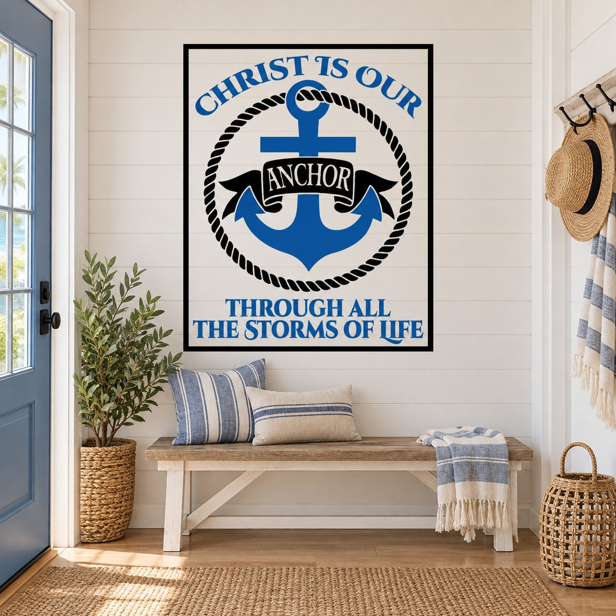 Printed die-cut wall decal with blue anchor and rope ring, text 'Christ is our Anchor'