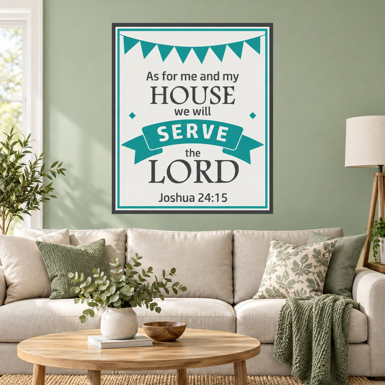 Square wall decal with teal banner: 'As for me and my HOUSE... SERVE the LORD', 'Joshua 24:15'