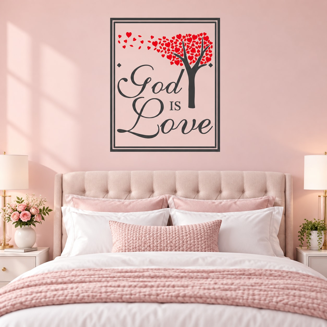 Square die-cut wall decal with red heart tree and “God is Love” text