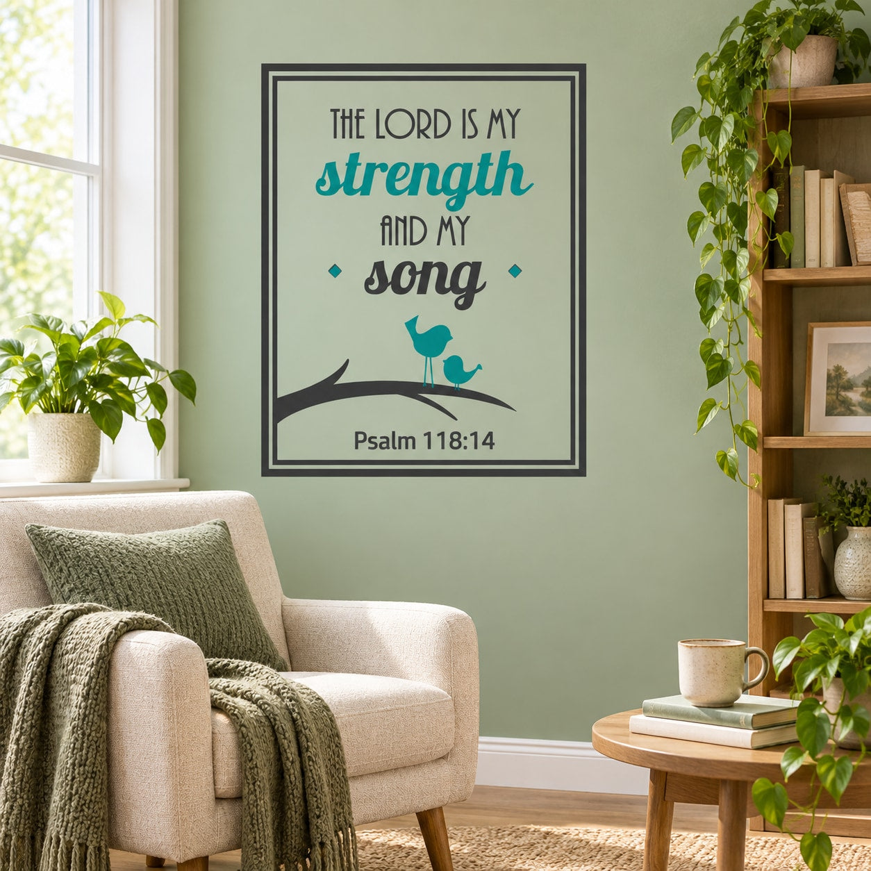 Square Bible verse wall decal: teal “The Lord is my strength and my song”, Psalm 118:14