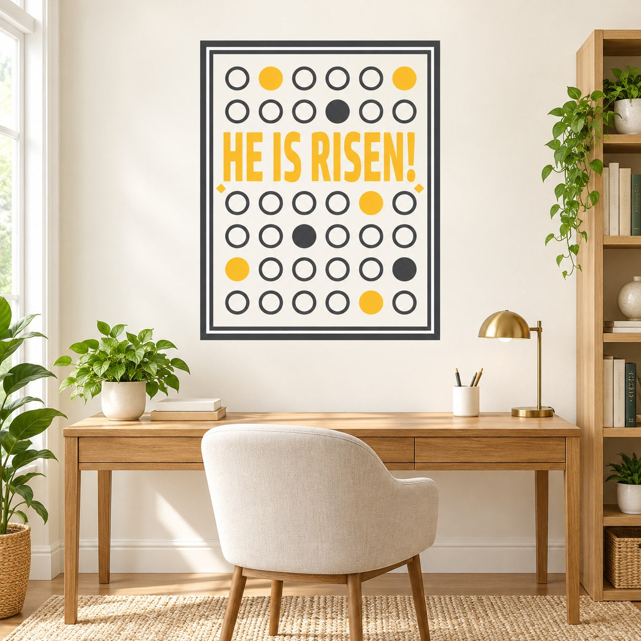 Square printed die-cut decal with circular pattern and bold “He Is Risen!” text
