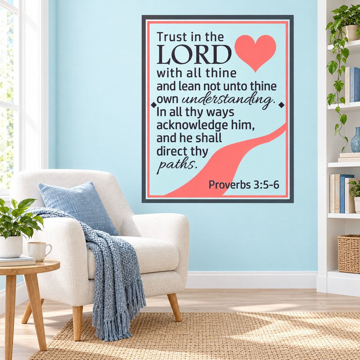 Rectangular wall decal with Bible verse text and red heart graphic