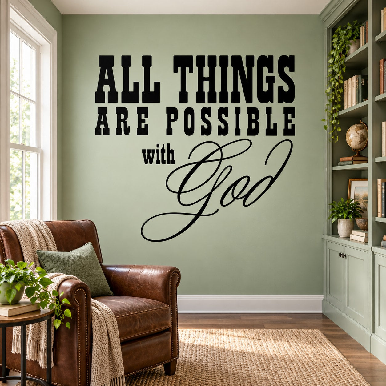 Inspirational wall decal with black lettering: “ALL THINGS ARE POSSIBLE with God”