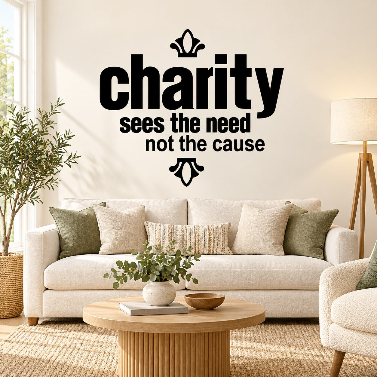 Black wall decal text "Charity sees the need not the cause" with fleur-de-lis icons