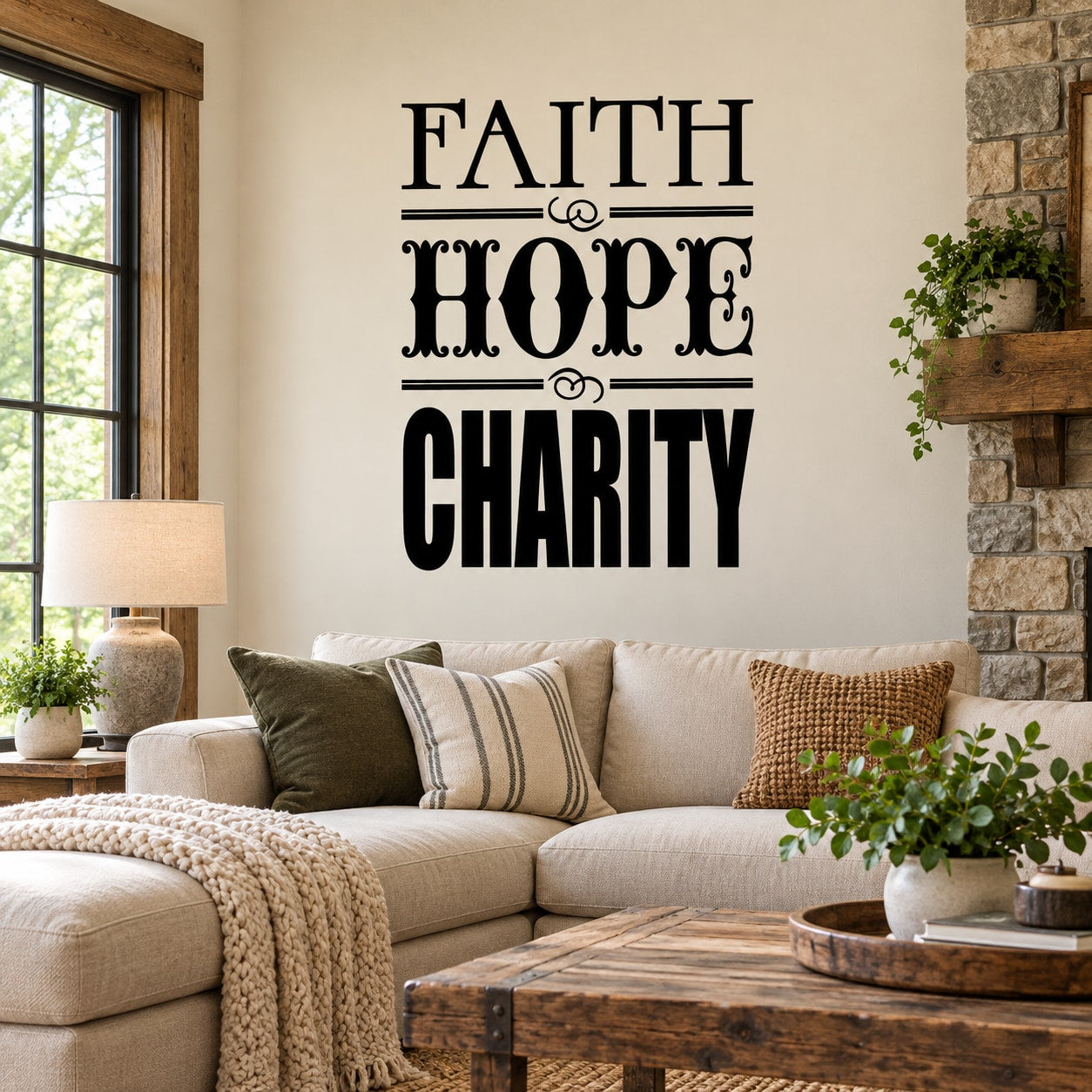 Faith Hope Charity wall decal with stacked bold black lettering