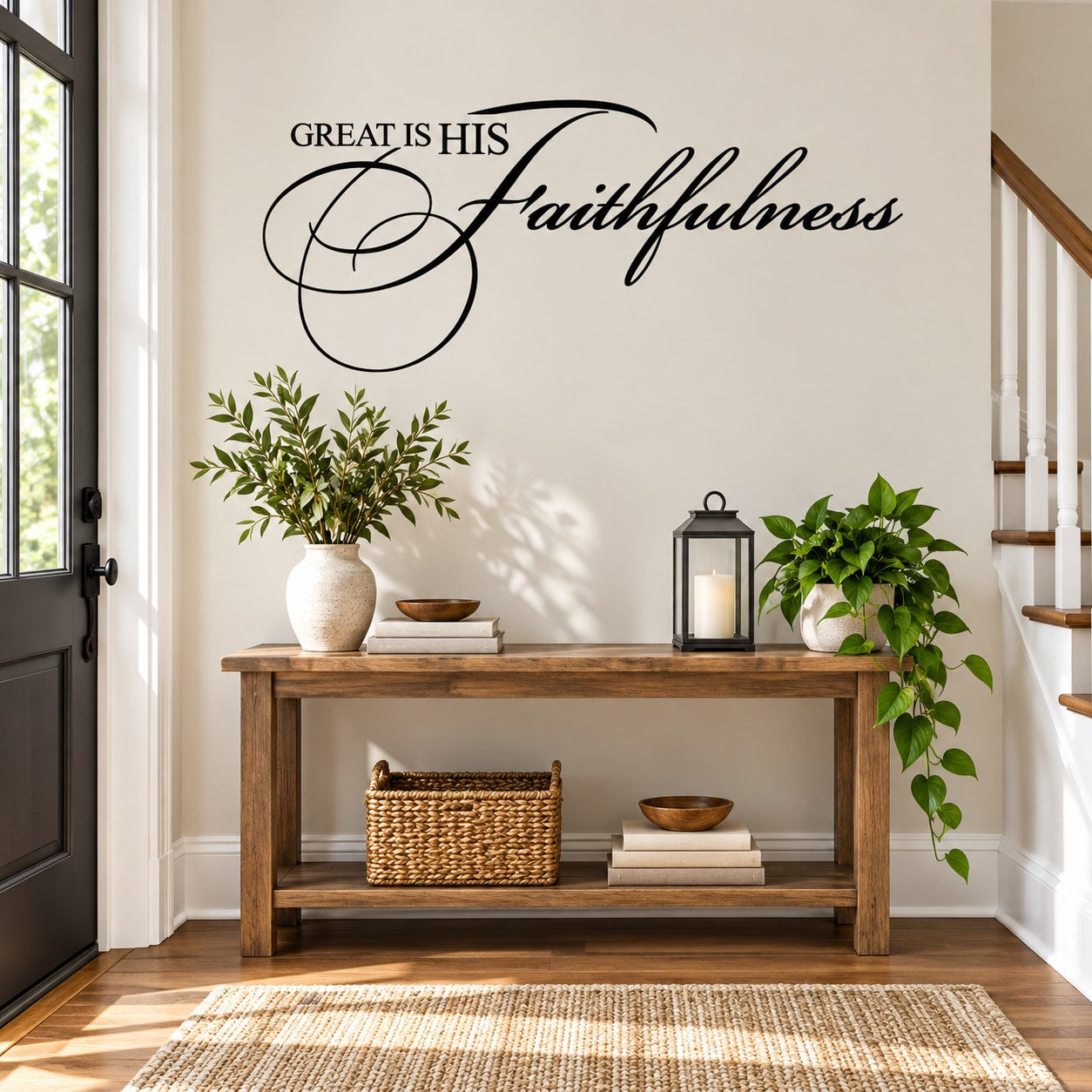 Scripture wall decal: 'Great is His Faithfulness' in black cursive