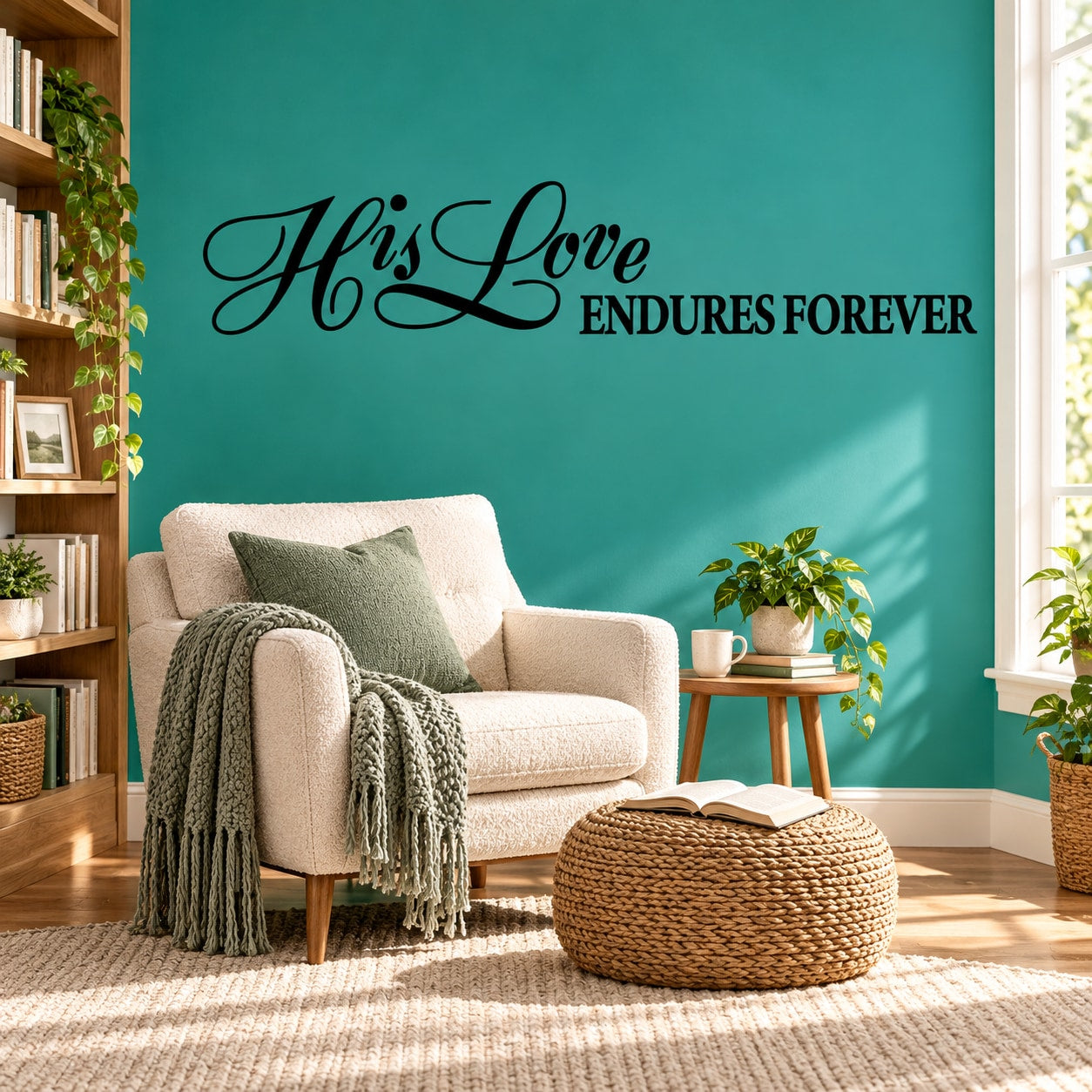 Script wall decal: 'His Love Endures Forever' wording