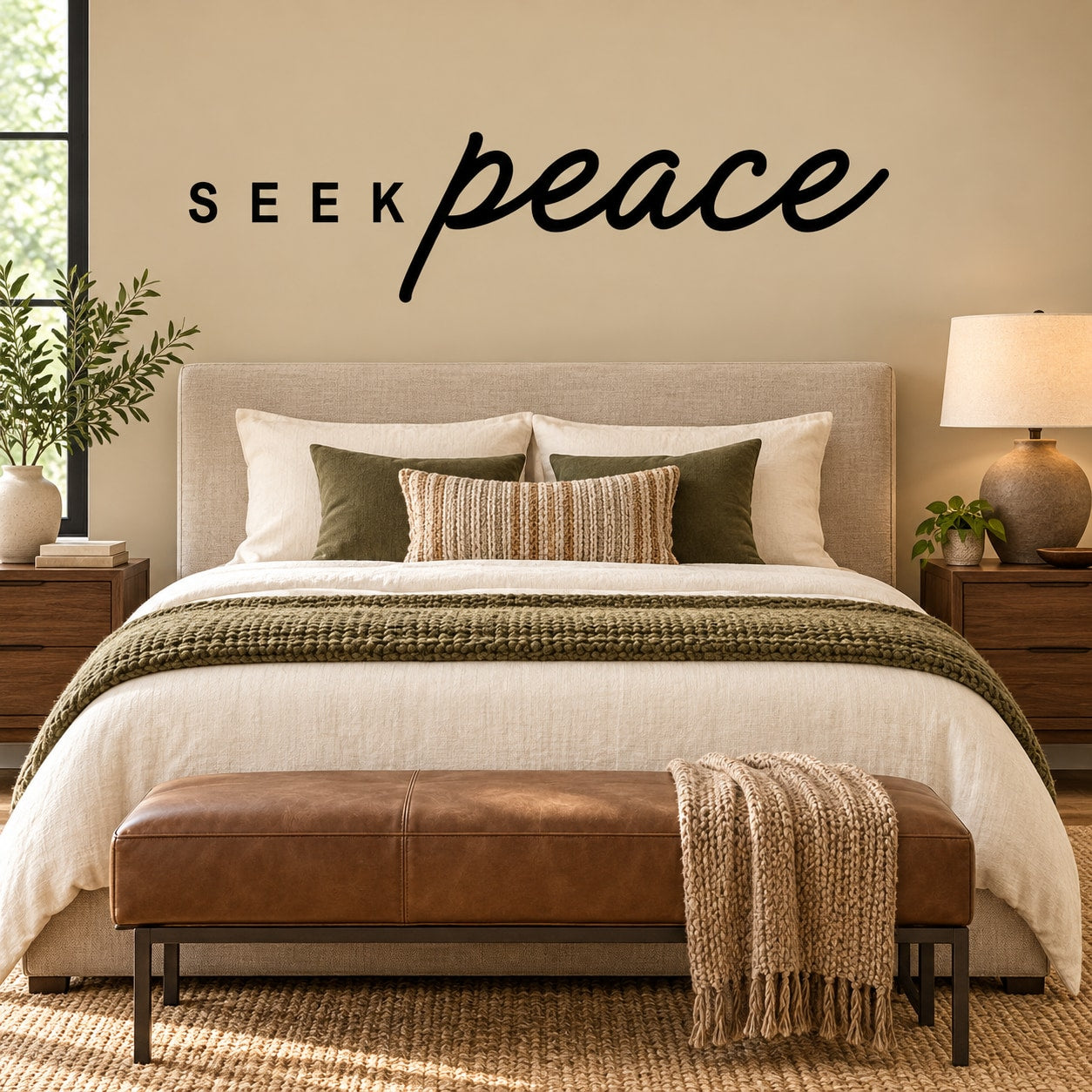 Wall decal with black “SEEK” and “peace” script lettering