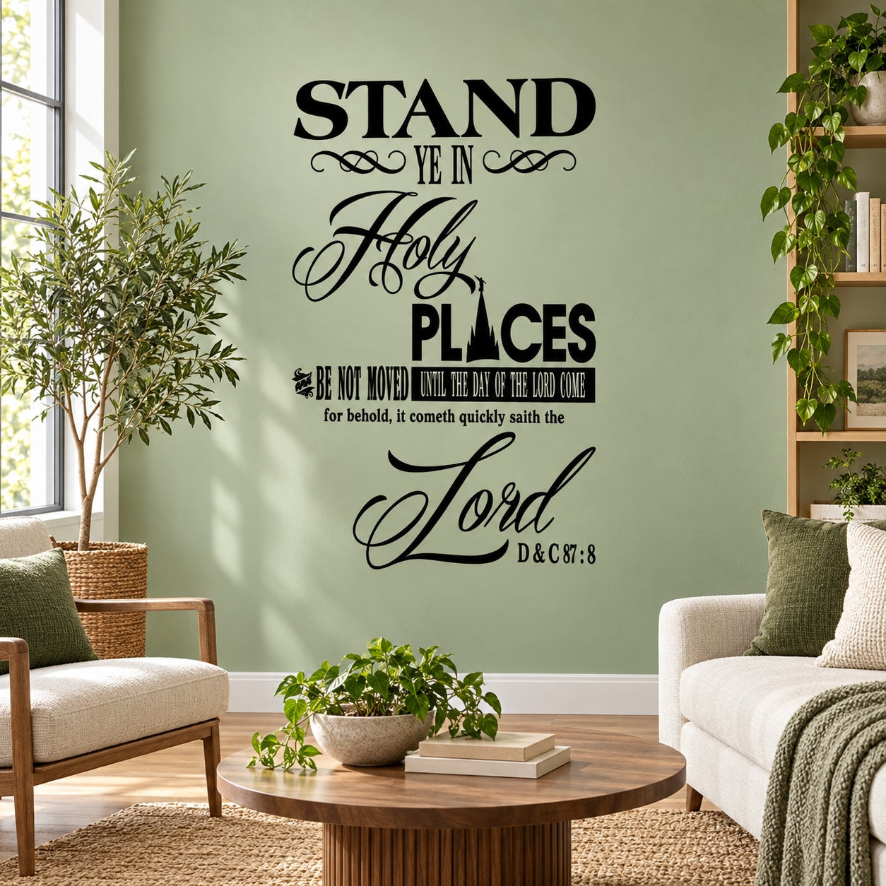 Black wall decal with ornate scripture text: “Stand Ye in Holy Places,” “Lord,” “D&C 87:8”