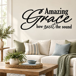 Wall decal featuring large script 'Amazing Grace' and 'how sweet the sound' text