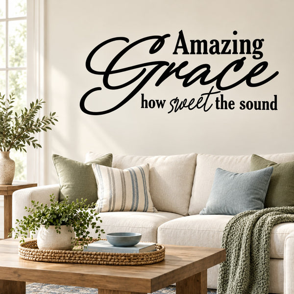 Wall decal featuring large script 'Amazing Grace' and 'how sweet the sound' text
