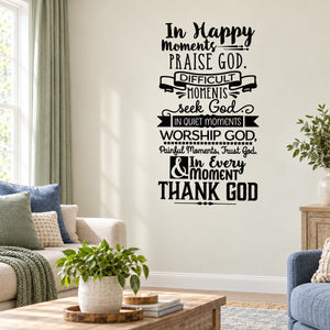 Inspirational wall decal with black quote lettering: 'Praise God in happy moments'.