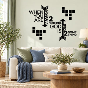Black inspirational quote wall decal with arrows and block icons, text-based design