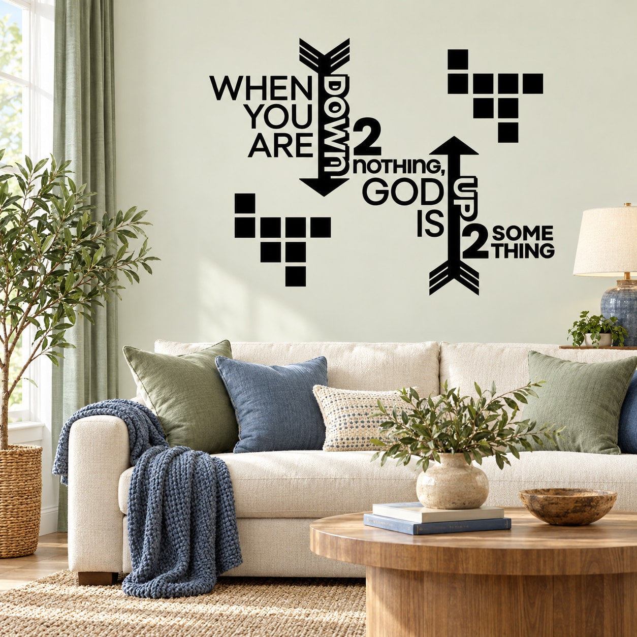 Black inspirational quote wall decal with arrows and block icons, text-based design