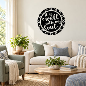 Circular wall decal with black-and-white chevron border and script text
