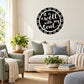 Circular wall decal with black-and-white chevron border and script text